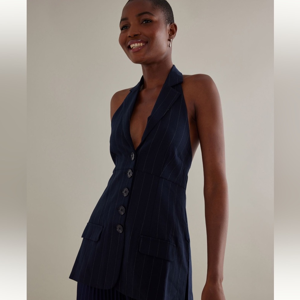 Anthropologie Black Pinstripe Halter Vest Size M
